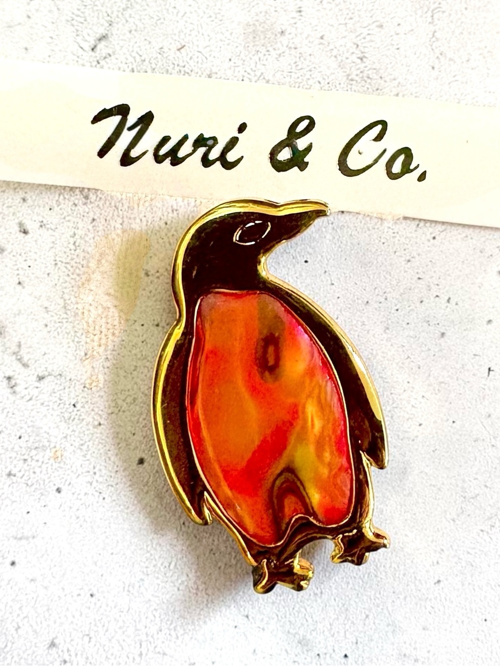 Nuri Vintage Gold Penguin Bird Pin with Iridescent Red-Orange Inlay